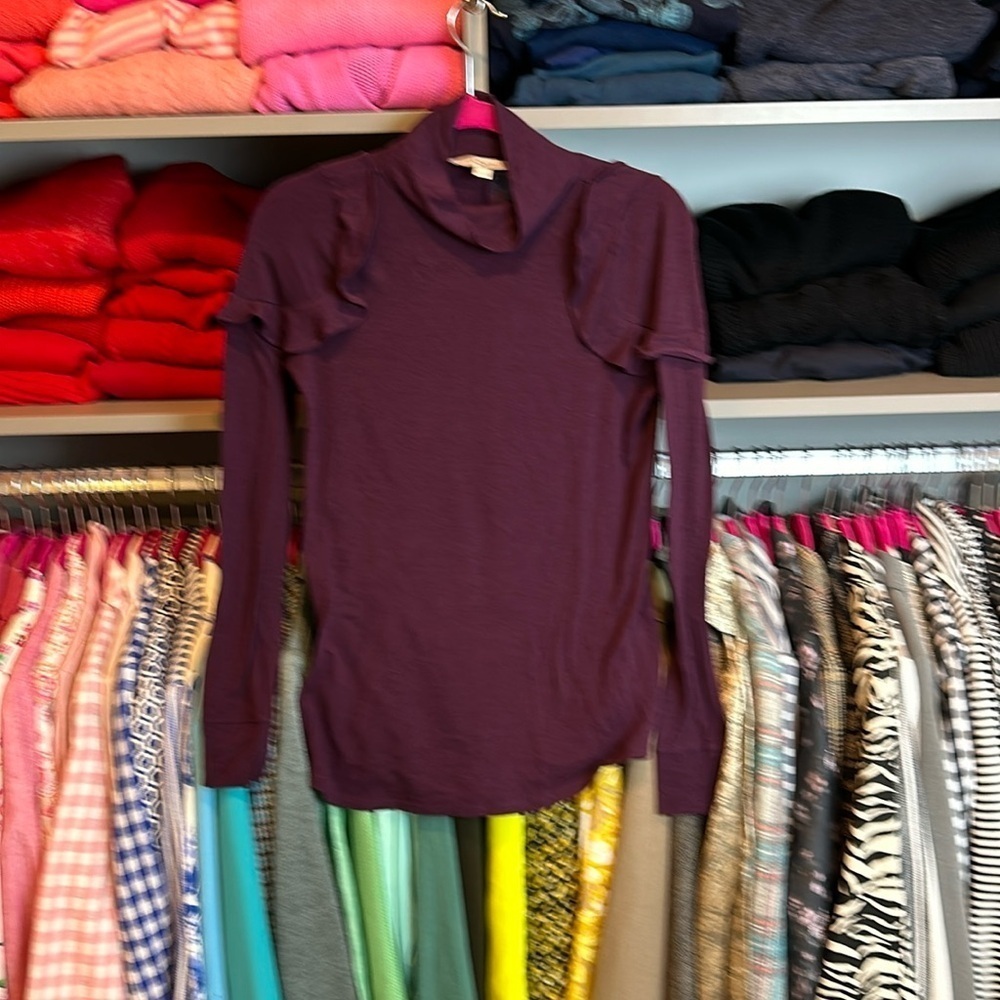 Loft purple ruffled shoulder long sleeve top size XS